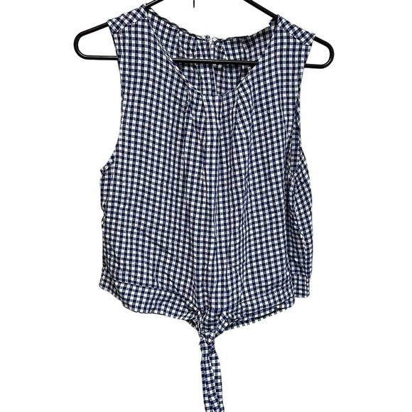 LOFT Tops - LOFT Gingham Cropped Blouse Tie Front Blue White Plaid Western Festival Sz L